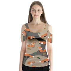 Fox Pattern Butterfly Sleeve Cutout T-shirt 