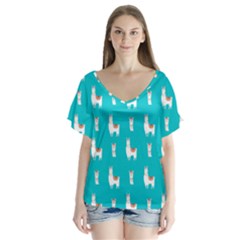 Lama Alpaca Animal Pattern Design V-neck Flutter Sleeve Top by Pakjumat