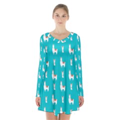 Lama Alpaca Animal Pattern Design Long Sleeve Velvet V-neck Dress by Pakjumat