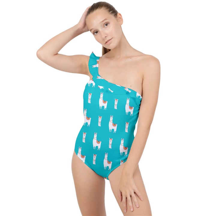 Lama Alpaca Animal Pattern Design Frilly One Shoulder Swimsuit