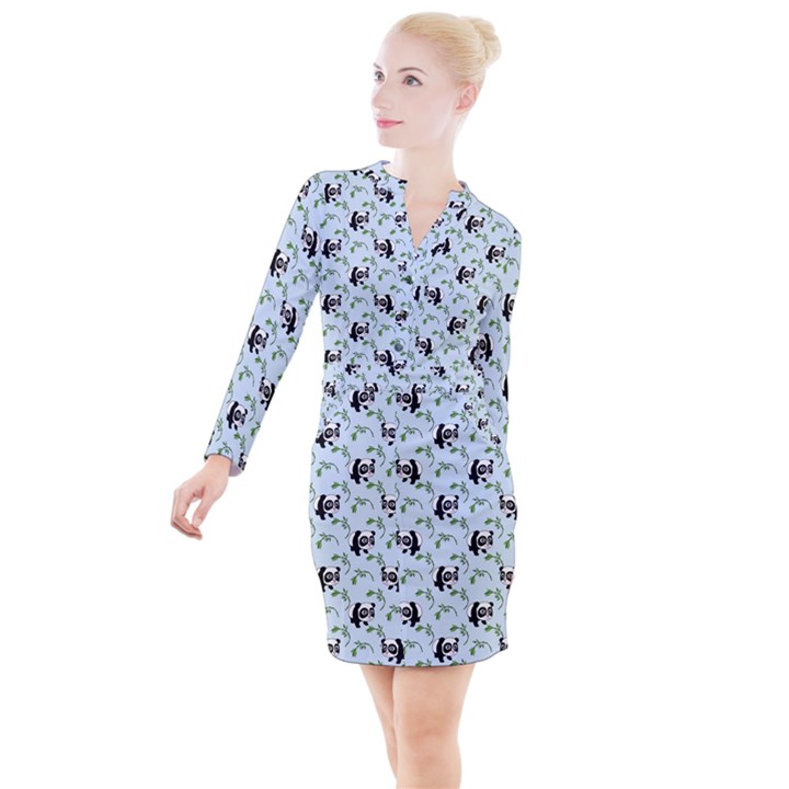 Animal Panda Bamboo Seamless Pattern Button Long Sleeve Dress