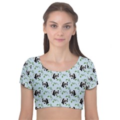 Animal Panda Bamboo Seamless Pattern Velvet Short Sleeve Crop Top  by Pakjumat