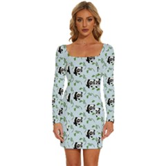 Animal Panda Bamboo Seamless Pattern Long Sleeve Square Neck Bodycon Velvet Dress by Pakjumat