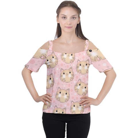 Cat Pattern Pink Cartoon Cutout Shoulder T-shirt by Pakjumat