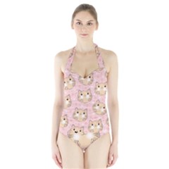 Cat Pattern Pink Cartoon Halter Swimsuit by Pakjumat