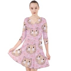 Cat Pattern Pink Cartoon Quarter Sleeve Front Wrap Dress by Pakjumat