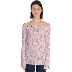 Cat Pattern Pink Cartoon Off Shoulder Long Sleeve Top by Pakjumat