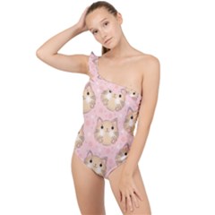 Cat Pattern Pink Cartoon Frilly One Shoulder Swimsuit by Pakjumat