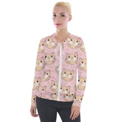 Cat Pattern Pink Cartoon Velvet Zip Up Jacket by Pakjumat