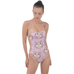 Cat Pattern Pink Cartoon Tie Strap One Piece Swimsuit by Pakjumat