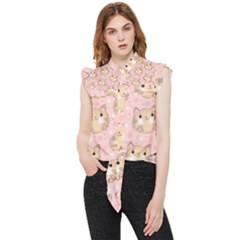 Cat Pattern Pink Cartoon Frill Detail Shirt by Pakjumat