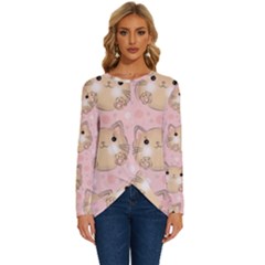 Cat Pattern Pink Cartoon Long Sleeve Crew Neck Pullover Top by Pakjumat