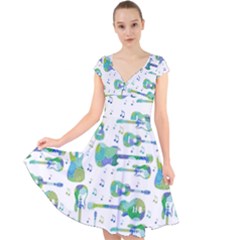 Guitars Music Notes Seamless Pattern Cap Sleeve Front Wrap Midi Dress by Pakjumat