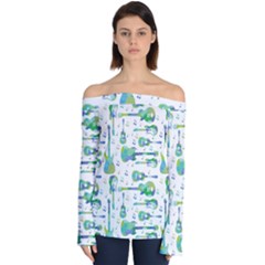 Guitars Music Notes Seamless Pattern Off Shoulder Long Sleeve Top by Pakjumat