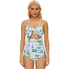 Guitars Music Notes Seamless Pattern Knot Front One-piece Swimsuit by Pakjumat