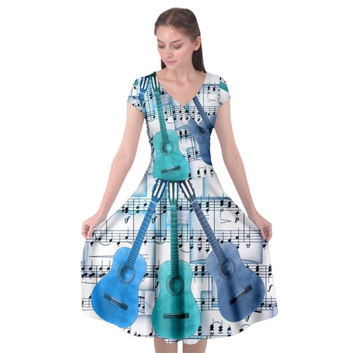 Guitar Acoustic Music Art Cap Sleeve Wrap Front Dress