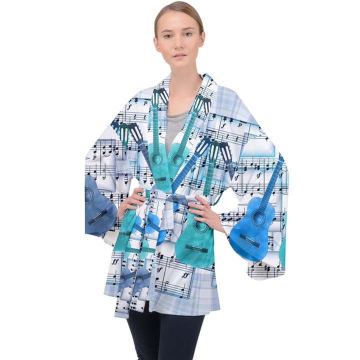 Guitar Acoustic Music Art Long Sleeve Velvet Kimono 