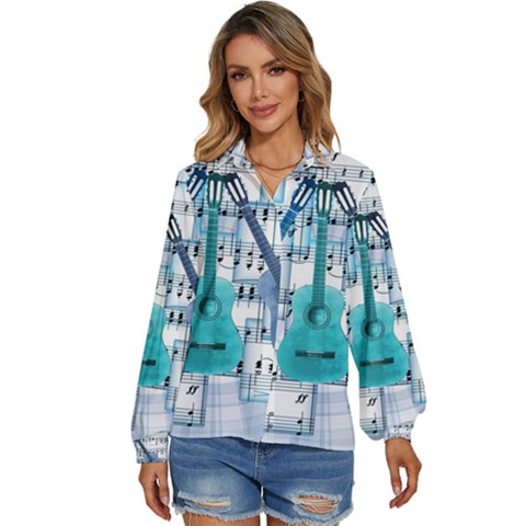 Guitar Acoustic Music Art Women s Long Sleeve Button Up Shirt by Pakjumat