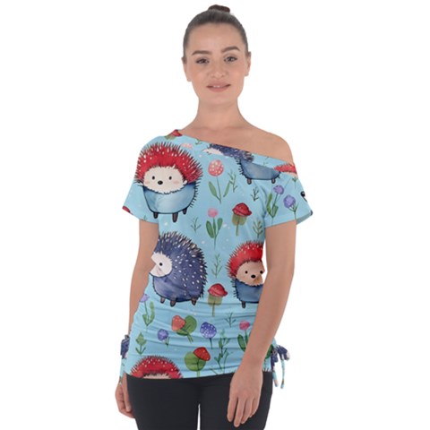 Hedgehogs Animal Off Shoulder Tie-up T-shirt by Pakjumat