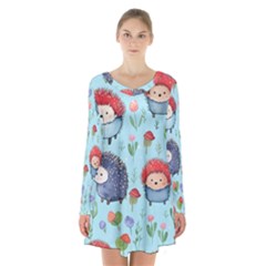 Hedgehogs Animal Long Sleeve Velvet V-neck Dress