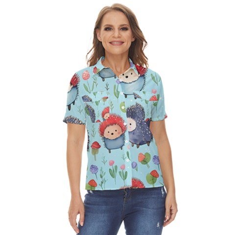 Hedgehogs Animal Women s Short Sleeve Double Pocket Shirt by Pakjumat