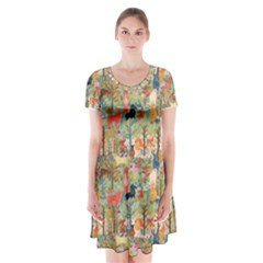 Animal Forest Pattern Short Sleeve V-neck Flare Dress by Pakjumat