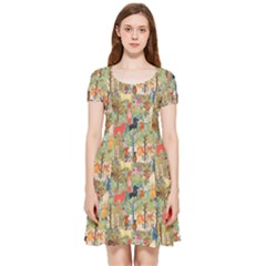 Animal Forest Pattern Inside Out Cap Sleeve Dress