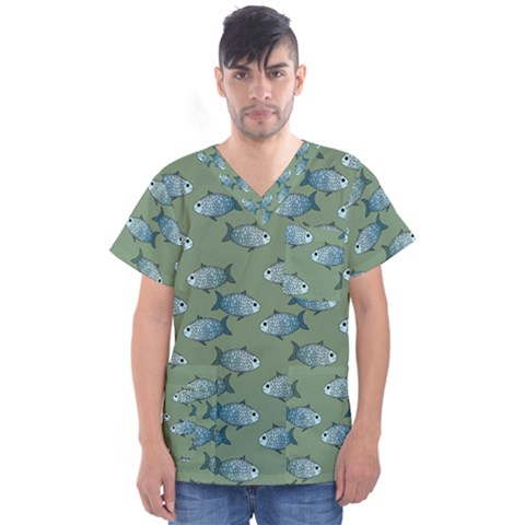 Fishes Pattern Background Men s V-neck Scrub Top by Pakjumat