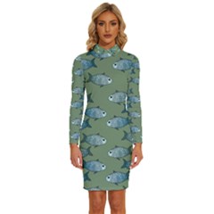 Fishes Pattern Background Long Sleeve Shirt Collar Bodycon Dress by Pakjumat