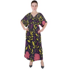 Flower Pattern Design V-neck Boho Style Maxi Dress by Pakjumat