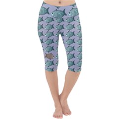 Fishes Pattern Background Theme Lightweight Velour Cropped Yoga Leggings by Pakjumat