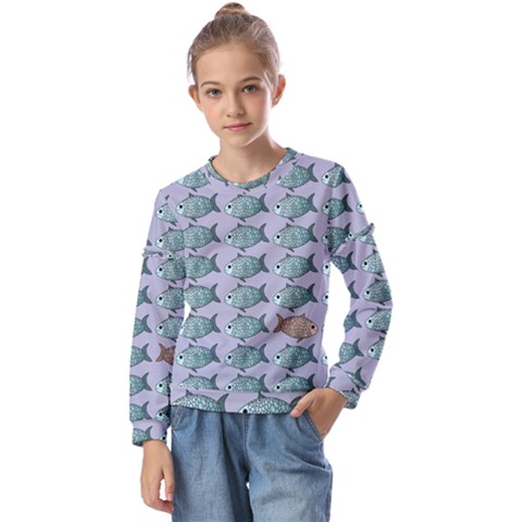 Fishes Pattern Background Theme Kids  Long Sleeve T-shirt With Frill  by Pakjumat