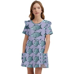 Fishes Pattern Background Theme Kids  Frilly Sleeves Pocket Dress