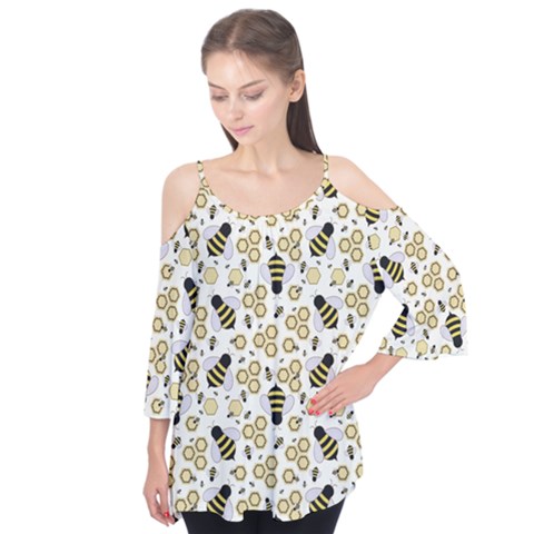 Bee Honeycomb Honeybee Insect Flutter Sleeve T-shirt  by Pakjumat