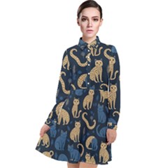 Cat Pattern Animal Long Sleeve Chiffon Shirt Dress by Pakjumat