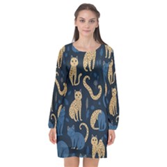 Cat Pattern Animal Long Sleeve Chiffon Shift Dress  by Pakjumat