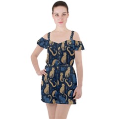 Cat Pattern Animal Ruffle Cut Out Chiffon Playsuit by Pakjumat