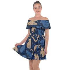 Cat Pattern Animal Off Shoulder Velour Dress by Pakjumat