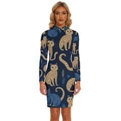 Cat Pattern Animal Long Sleeve Shirt Collar Bodycon Dress by Pakjumat