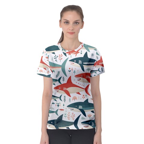 Fish Shark Animal Pattern Women s Sport Mesh T-shirt by Pakjumat