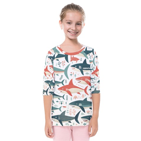 Fish Shark Animal Pattern Kids  Quarter Sleeve Raglan T-shirt by Pakjumat