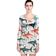 Fish Shark Animal Pattern Long Sleeve Velvet Bodycon Dress by Pakjumat