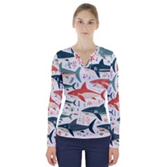 Fish Shark Animal Pattern V-neck Long Sleeve Top by Pakjumat