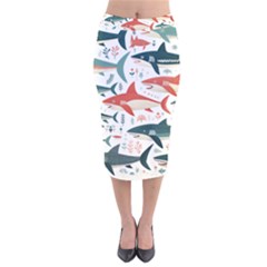 Fish Shark Animal Pattern Velvet Midi Pencil Skirt by Pakjumat