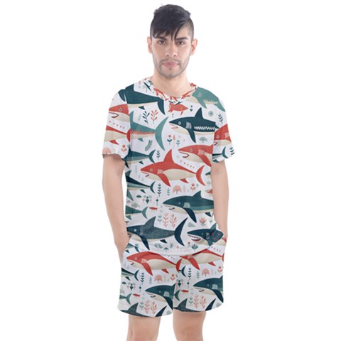 Fish Shark Animal Pattern Men s Mesh T-shirt And Shorts Set by Pakjumat