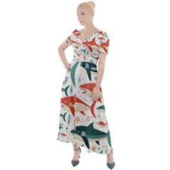 Fish Shark Animal Pattern Button Up Short Sleeve Maxi Dress by Pakjumat