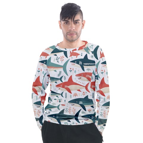 Fish Shark Animal Pattern Men s Long Sleeve Raglan T-shirt by Pakjumat