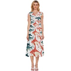 Fish Shark Animal Pattern V-neck Drawstring Shoulder Sleeveless Maxi Dress by Pakjumat