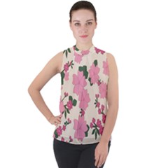 Floral Vintage Flowers Mock Neck Chiffon Sleeveless Top by Dutashop