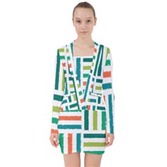 Striped Colorful Pattern Graphic V-neck Bodycon Long Sleeve Dress by Pakjumat